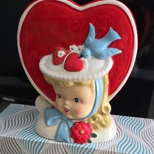 Vintage Heart vase Figurine with Bluebird and Red Details
